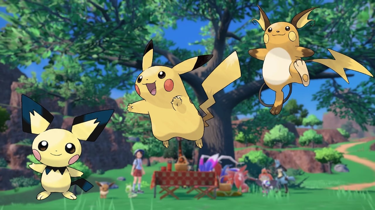 image of pikachu, pichu, and raichu against a forest background